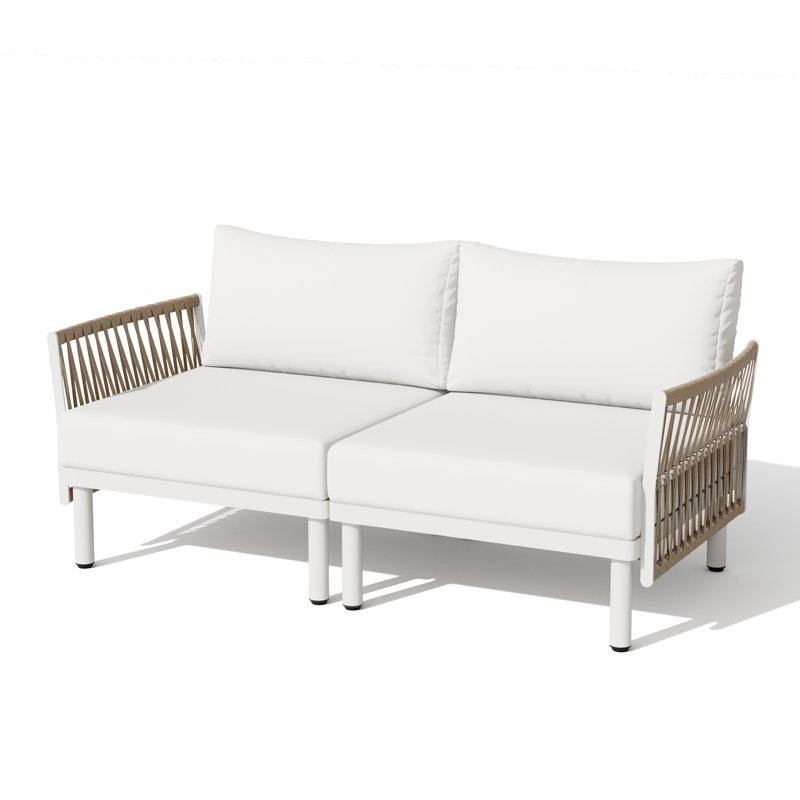 2 Person Outdoor Patio Sectional Sofa Set, Beige Cushion/White Frame 