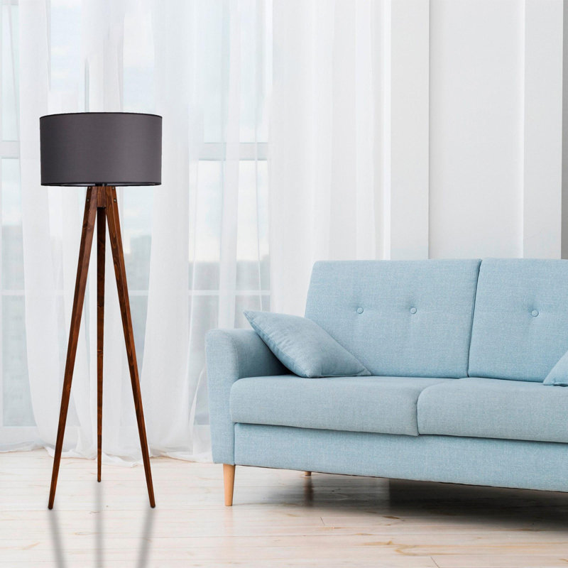 Luro Elegant Wooden Floor Lamp with Fabric Shade, Walnut & Grey, 60.2 in Tall | 17.7 in Diameter Base | E27 Socket (Max 60W) | On/Off Switch on Cable | Stylish Home Lighting for Living Room & Bedroom Décor
