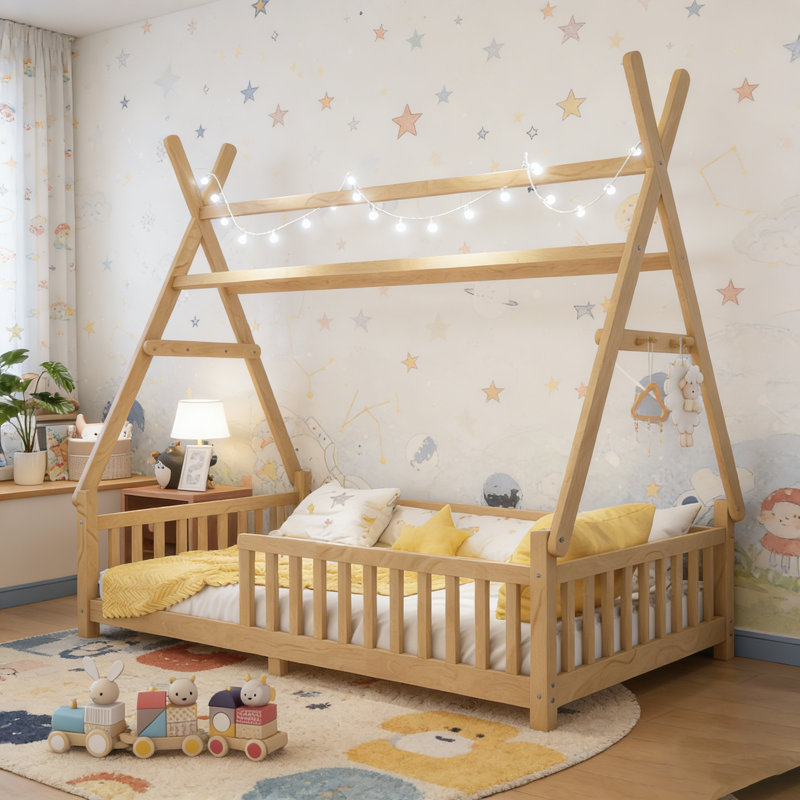 Lit maison avec lumière DEL, plancher bas et toit amovible pour les enfants, Lit simple, Naturel