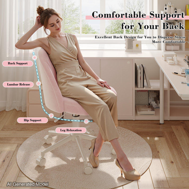 25.1" W Modern Office Chair With Wheels, Adjustable Task Chair Featuring Soft-padded Backrest For Office And Bedroom Use.