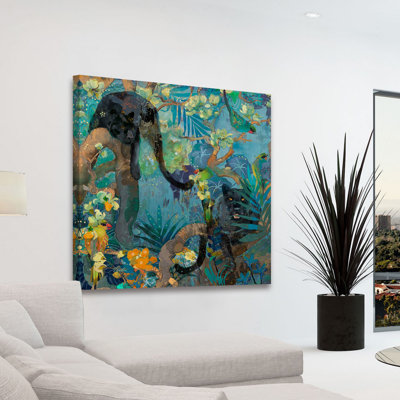«Jaguar And Green Parrots» par Evelia, reproduction d'art sur toile tendue