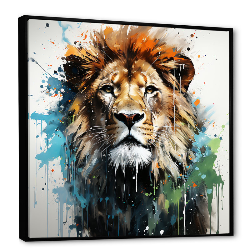 Décoration murale monarque brune et verte - Lion, Cadre flottant noir, H 36 po x l 36 po x P 1,5 po