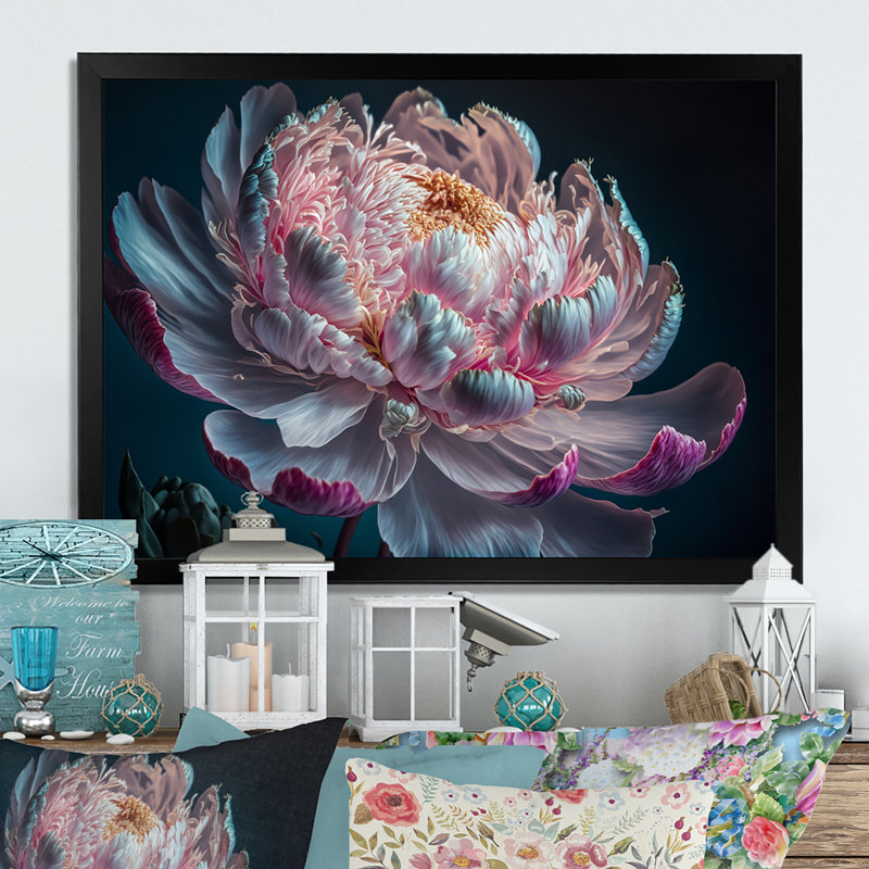 «Blossoming Pink and White Peony IV», reproduction sur toile, Cadre simple noir, H 12 po x l 20 po x P 1 po
