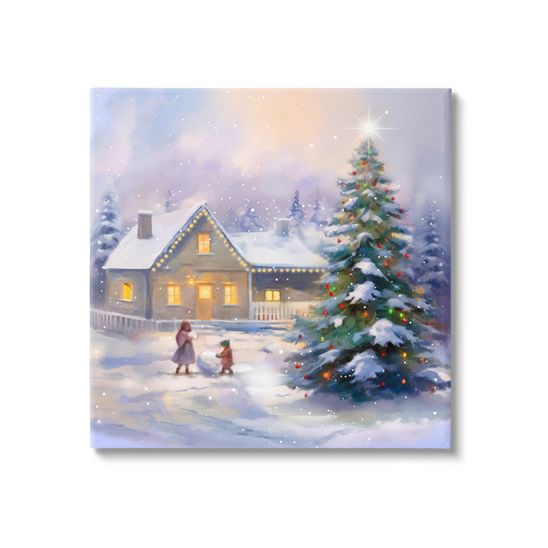 «Children Building Snowman», art mural sur toile par Enrico Mcgarrigle, H 36 po x l 36 po