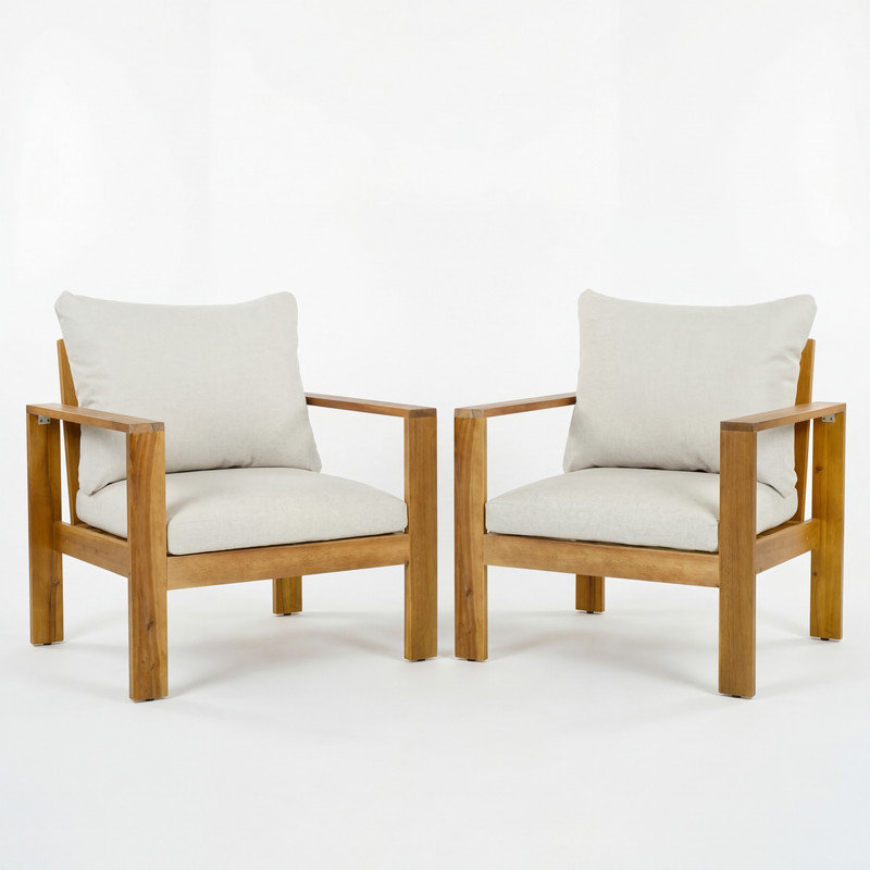 Ensemble de 2 chaises de patio d'extérieur en bois d'acacia avec coussins