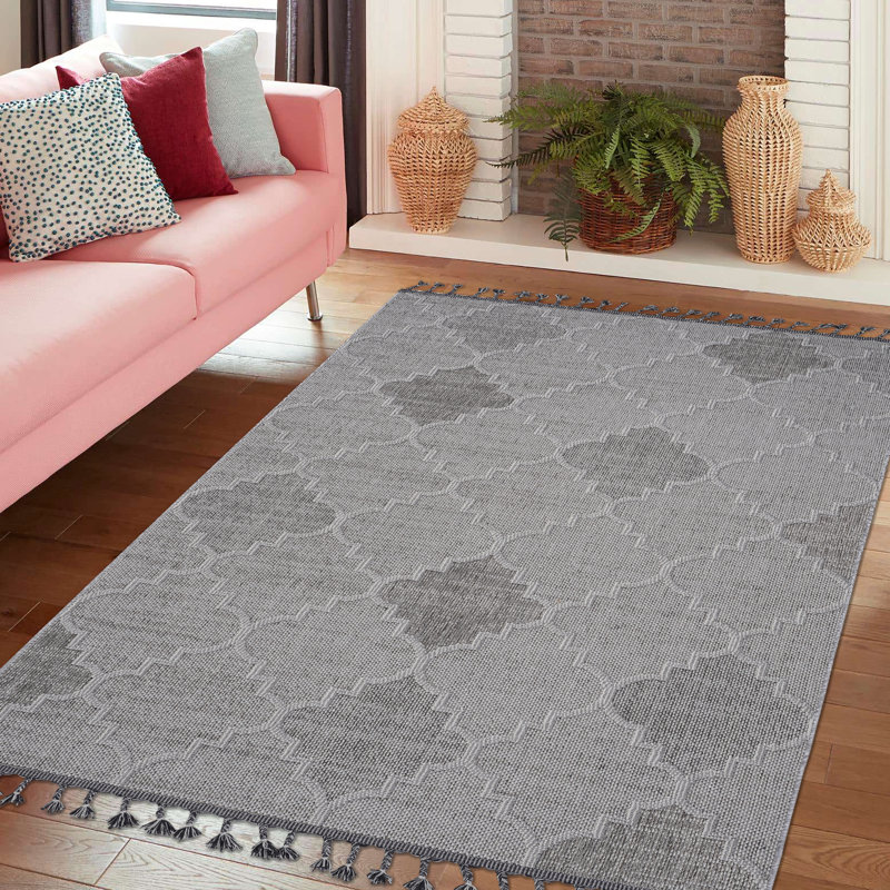 Naar Guros Area Rugs, White/Grey/Trellis Accent Power Loom Machine -Crafted Rug, Rectangle 7'9" x 10'