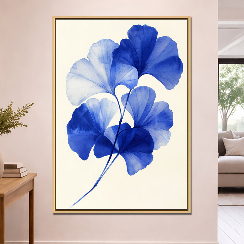Feuilles de cobalt en éventail - Décoration murale encadrée Ginkgo, H 60 po x l 40 po, Cadre naturel flottant