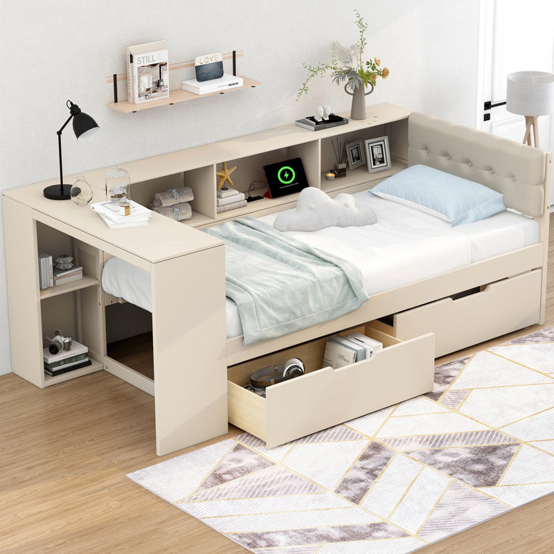 Lit de jour rembourré avec bibliothèque et chargeur USB, Simple