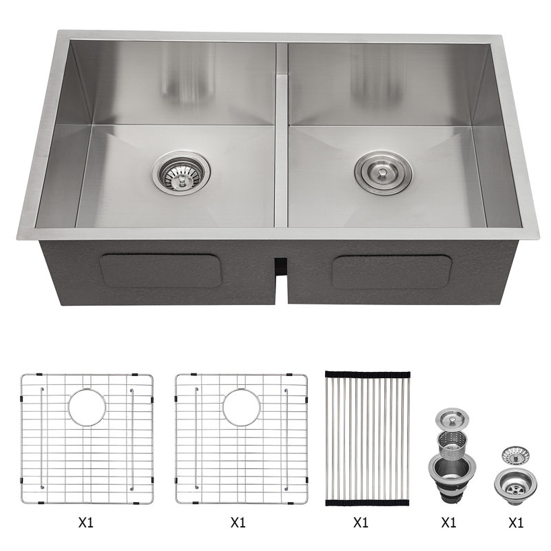 Double Bowl(50/50) Undermount Sink- 36" X 19" Double Bowl Kitchen Sink 16 Gauge With Two 10" Deep Basin