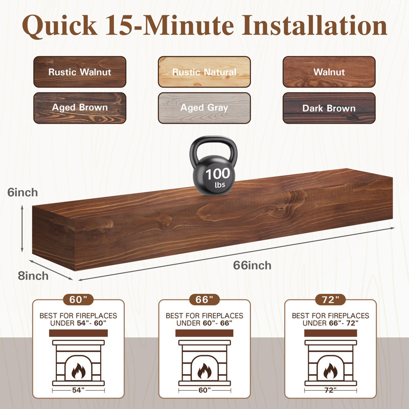 Fireplace Mantel, Brown Wood, 66"