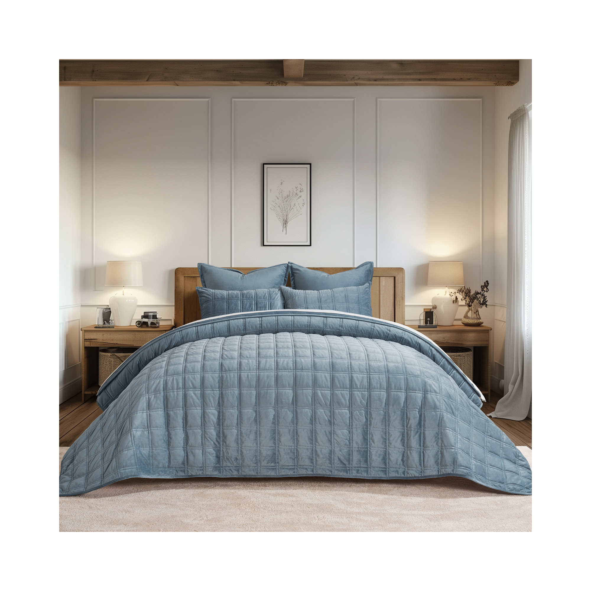 Double Box Stitch Velvet Quilt set, King Quilt + 2 King Shams, Blue Linen