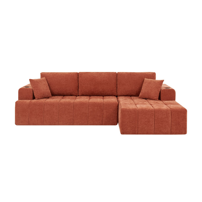 Canapé modulaire en chenille de 108 po en L 108 po beige, canapé à compression 4 places avec méridienne droite, porte-gobelets et poches latérales, canapé rembourré sans assemblage pour le salon