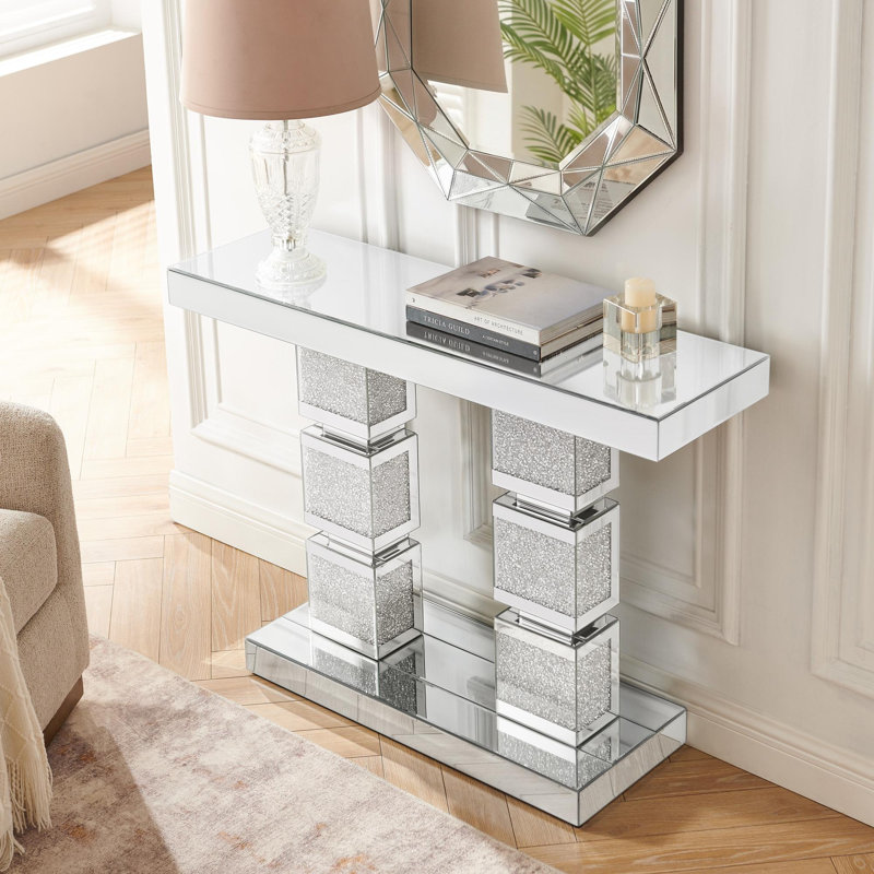 Console étroite en miroir avec incrustation de pilier en forme de cube écrasé, table d'appoint décorative en verre argenté, table de canapé décorative pour le vestibule et le salon