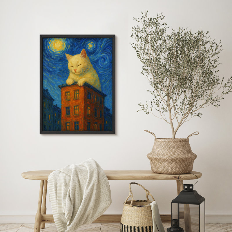«Whimsical Cat on Rooftop», reproduction d'art encadrée - Chat blanc ludique inspiré d'une nuit étoilée, scène de ville, Illustration fantastique pour décor de chambre d'enfant ou de salon