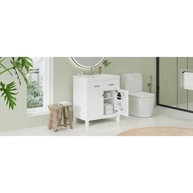 Meuble-lavabo simple avec lavabo en céramique, Blanc