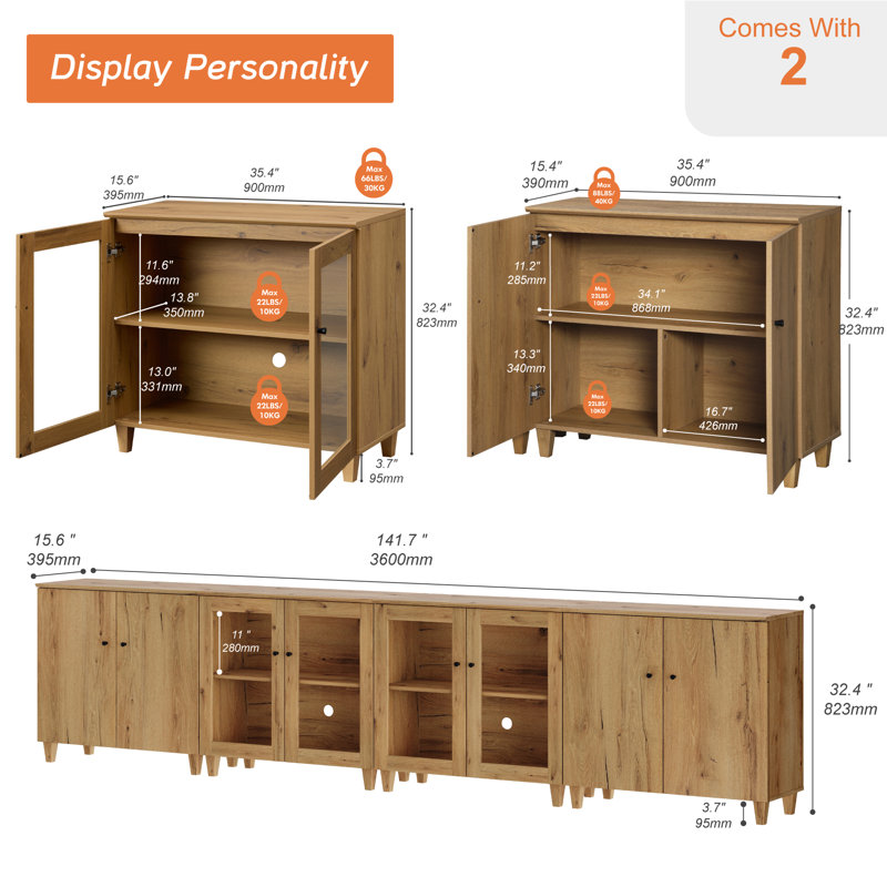 Buffet 8 portes avec tablettes réglables et gestion des câbles pour la salle à manger de cuisine, largeur de 142 pouces