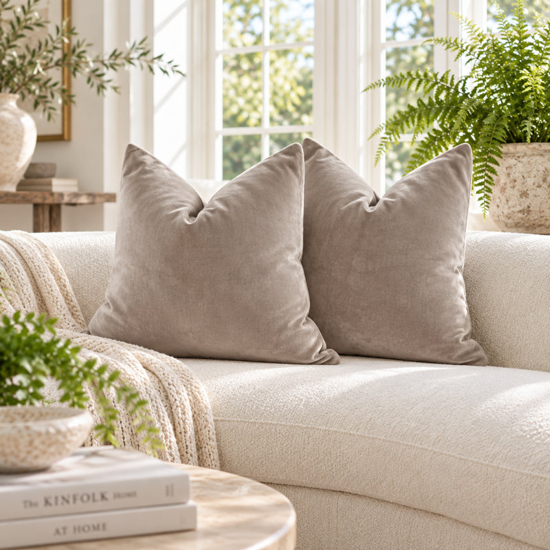 Ensemble de 2 coussins en velours Cobblestone, Gris, Carré 18 po