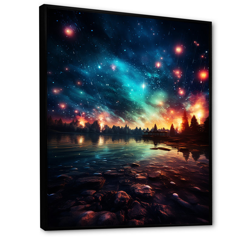 Feux d'artifice vert et rouge au bord du lac I - Art mural, Cadre flottant noir, H 20 po x l 12 po x P 1 po