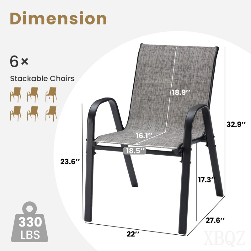 Patio Chairs Set Of 6, Stackable Outdoor Dining Chairs With Textilene Fabric, All Weather Powder-Coated Metal Frame Outdoor Armchair For Backyard, Balcony And Poolside