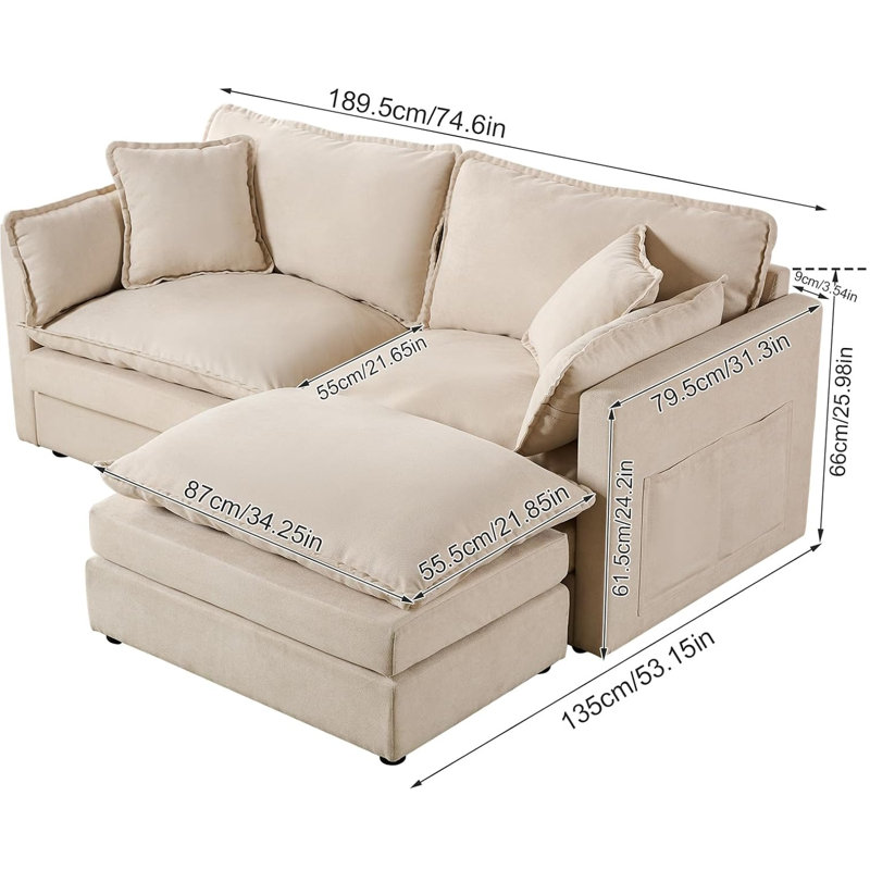 Deep Seat Sectional Sofa, 74.6" Modern Sectional Sofa Cloud Couch