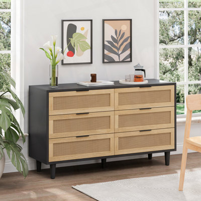 Armoire de rangement polyvalente en rotin avec six tiroirs et glissières blanches