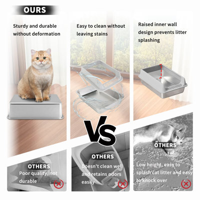 Stainless Steel Litter Box, Semi Enclosed High Side Cat Litter Box, Top Entry Litter Boxs for Senior Cats, Leak-Proof, Non-Sticky, Ideal for Indoor Cats Kitten, Gray/L