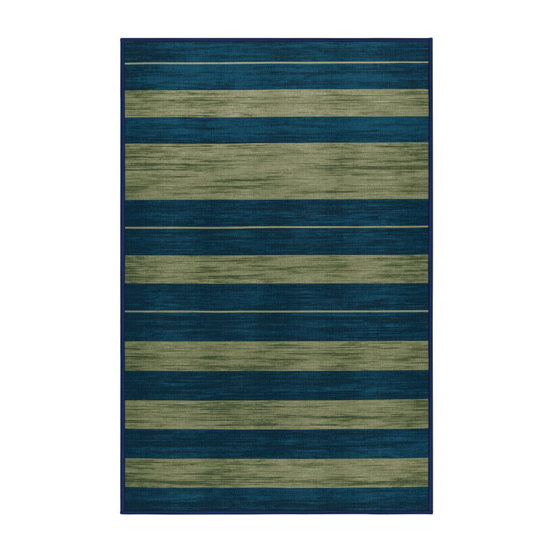 Machine Washable Horizontal Stripes Blue Area Rug, Rectangle 8' x 12'
