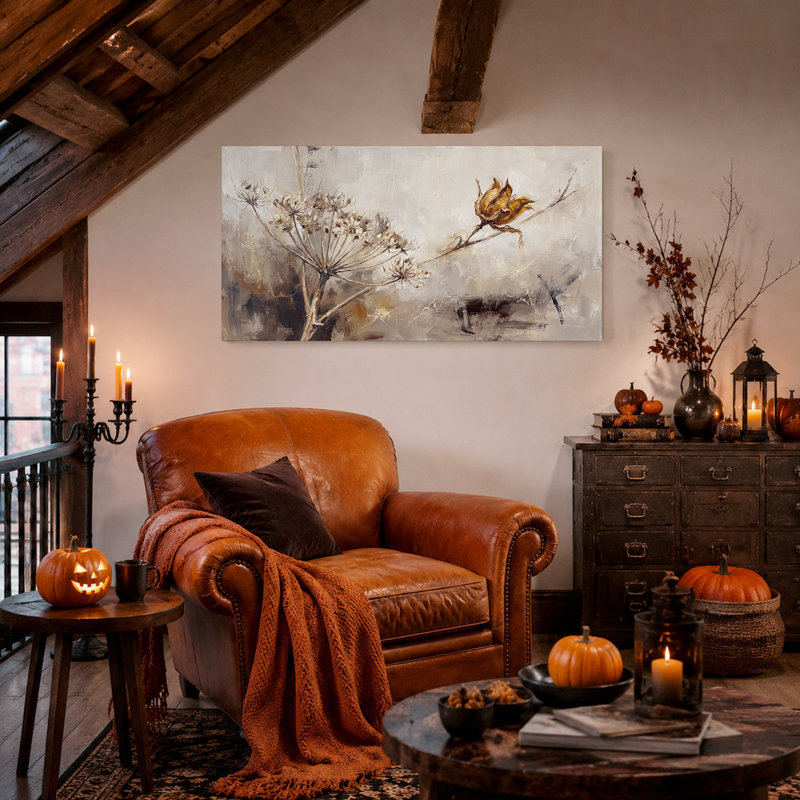 Bouton de fleur séché et tête de graine sur toile beige en impasto, art mural d'Halloween, 58“W x 28”H