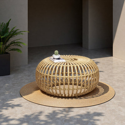 Table basse - Table d'appoint bohémienne en faux rotin pour une utilisation intérieure / extérieure, table d'appoint ronde fabriquée à la main pour le salon, le patio, le jardin