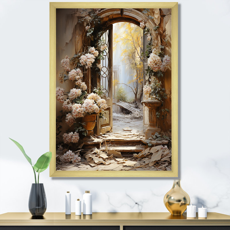 Ruines anciennes «Blooms I» - Art mural fantastique, H 44 po x l 34 po x P 1,5 po, Cadre doré simple