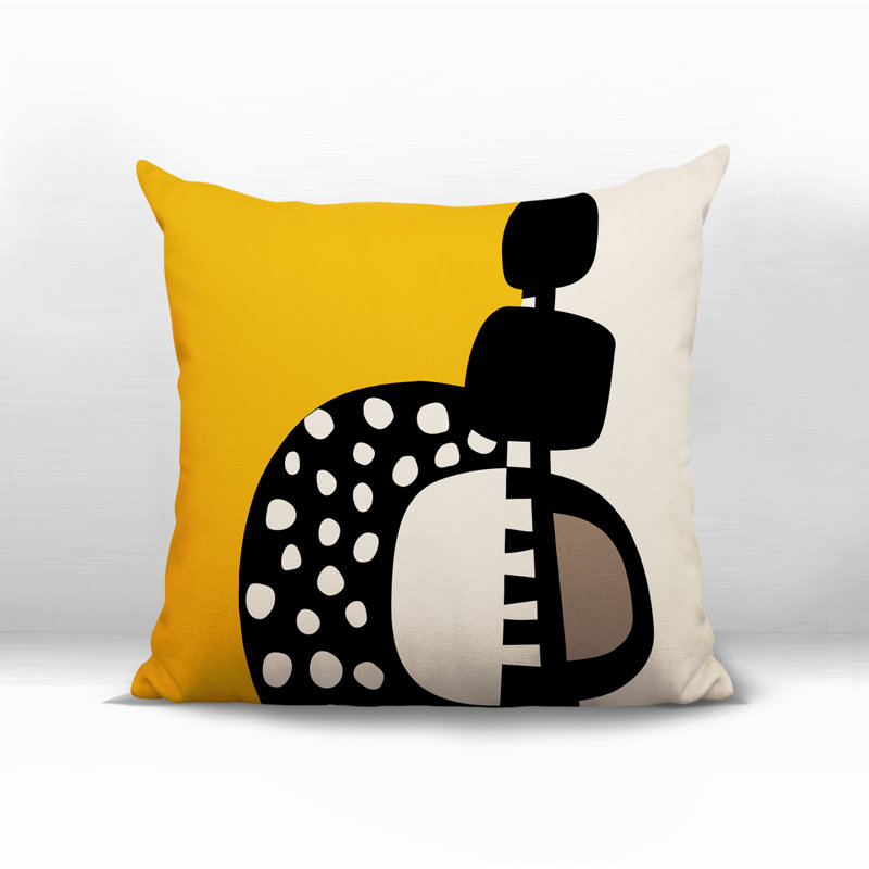 Oreiller carré réversible intérieur / extérieur Khari, H 17 po x l 17 po, Jaune / noir / blanc cassé abstrait