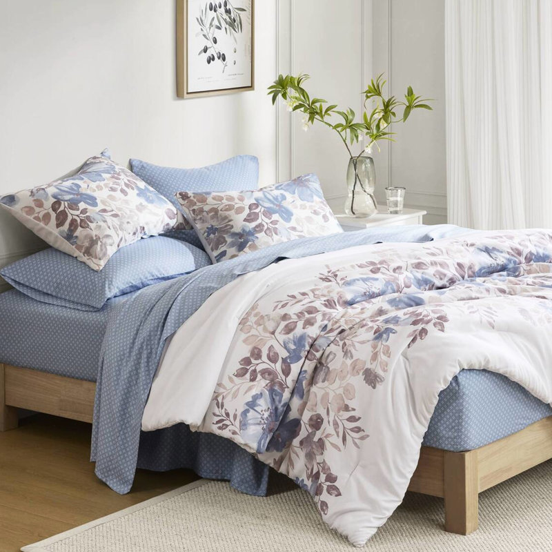 Édredon floral pour grand lit en bleu, doux, imprimé aquarelle, pour matelas jusqu'à 16 po, taille de draps lavables, aquarelle bleue