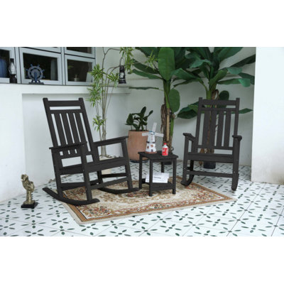 3-Piece All Weather Rocking Chair Set with Side Table, Wood-Textured Outdoor Rocker Chairs, Heavy Duty Patio Rocking Furniture for Yard, Garden & Porch