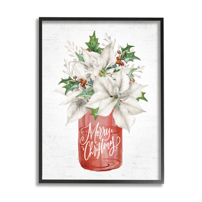 Joyeux Noël, poinsettia blanc, bouquet de baies de houx, giclée noire encadrée, art texturé par lettres et lignes