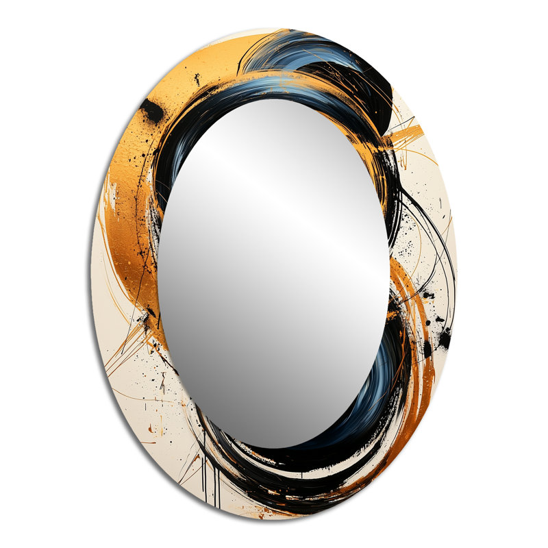 Cercle abstrait en tons de bleu et d'or I - miroir mural moderne noir ovale, 40 po x 30 po