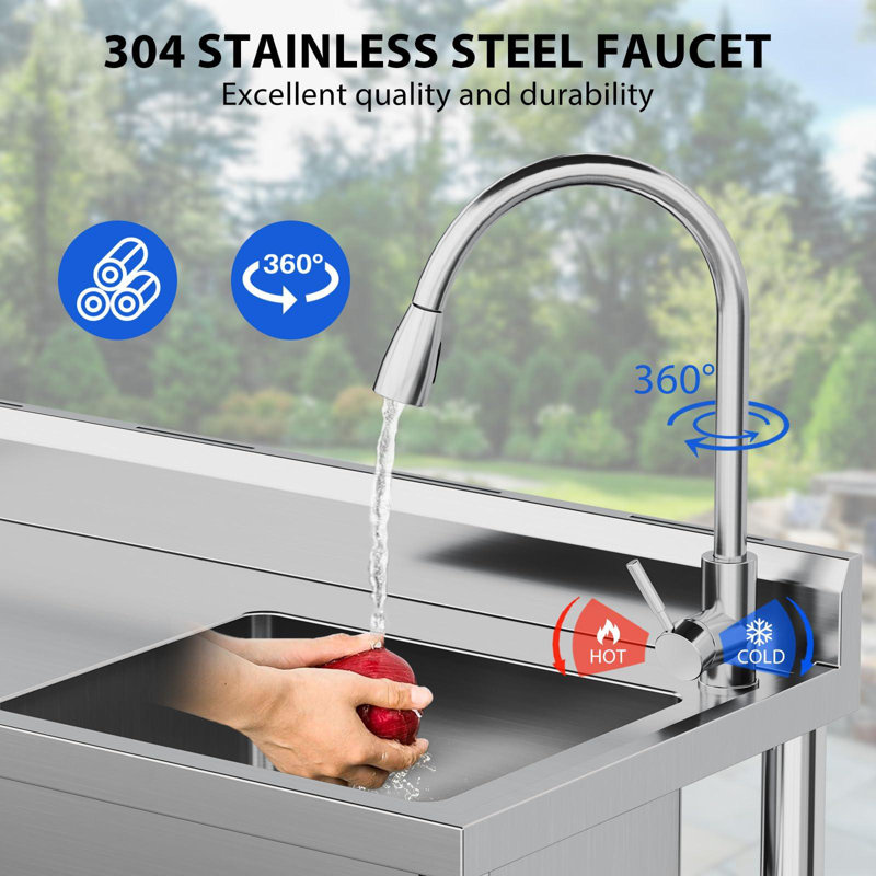 Stainless Steel Utility Sink, Freestanding Single Bowl with 360° Swivel Hot & Cold Faucet, Undershelf