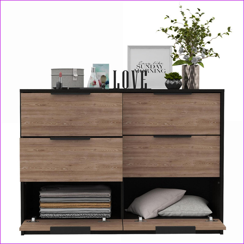 Commode 4 tiroirs et 2 commodes modernes de 42,1 po de largeur noir / pin | Multicolore | Panneau de particules, Brun