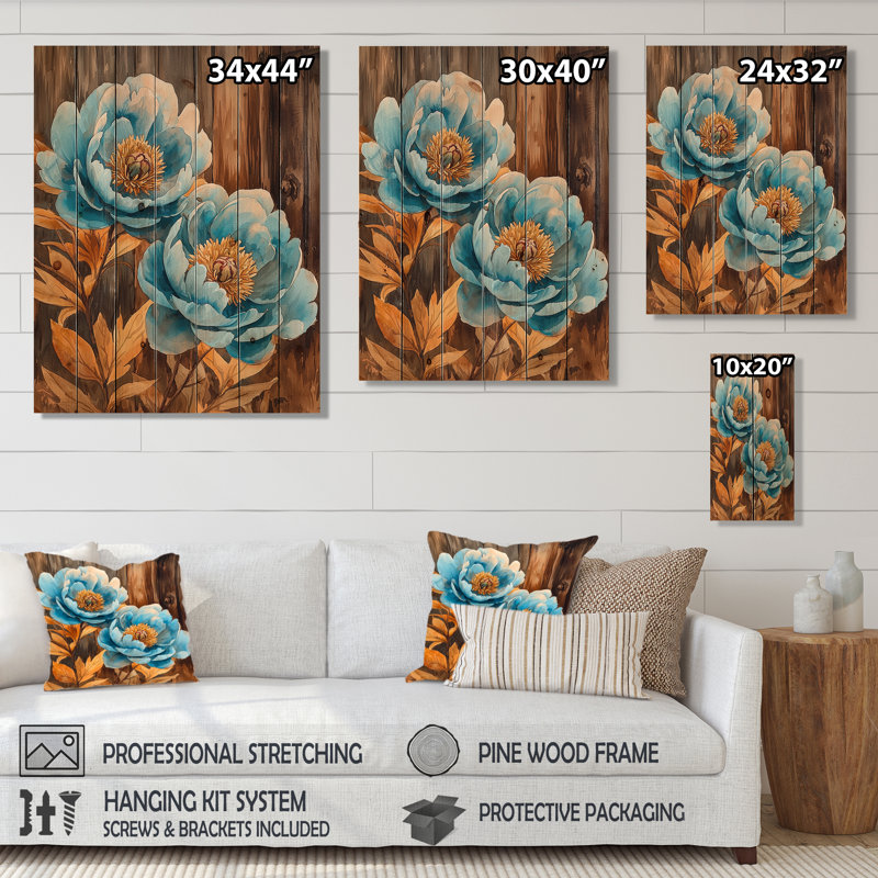 Pivoines bleues dans la basse-cour III - Art mural en bois pivoines - sur bois de pin naturel, H 20 po x l 10 po x P 0,78 po