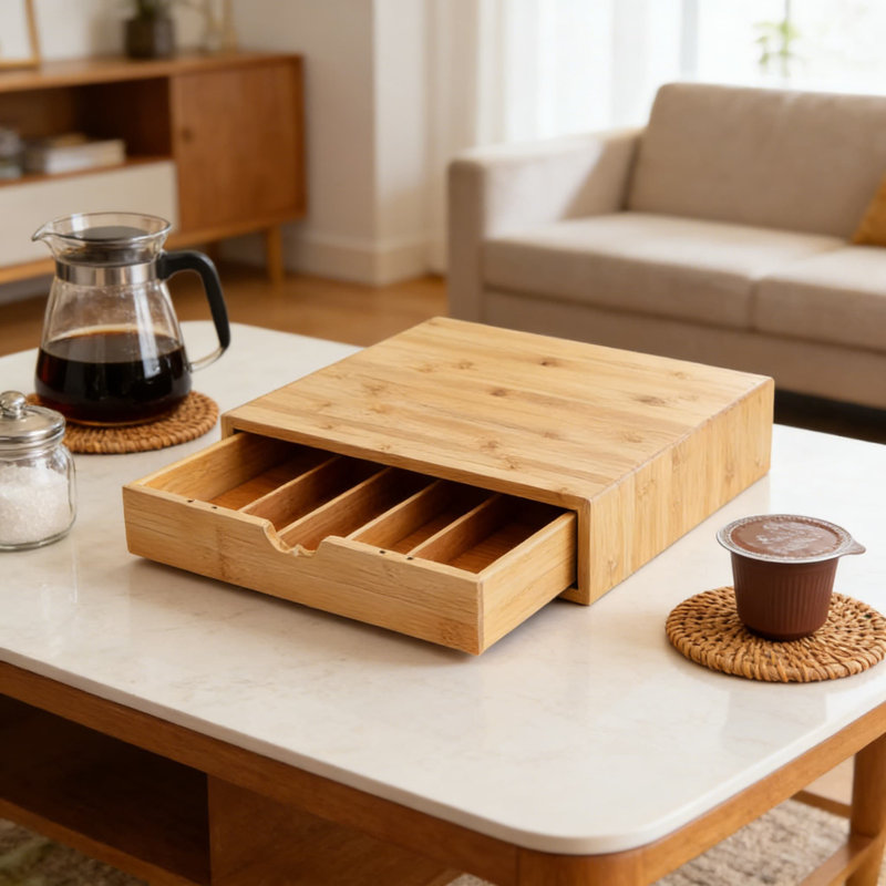 Organisateur de sachets de thé et de dosettes en bambou avec tiroir séparateur amovible pour comptoir de cuisine, bureau ou station de café - Rangement fonctionnel pour la vaisselle et les cosmétiques