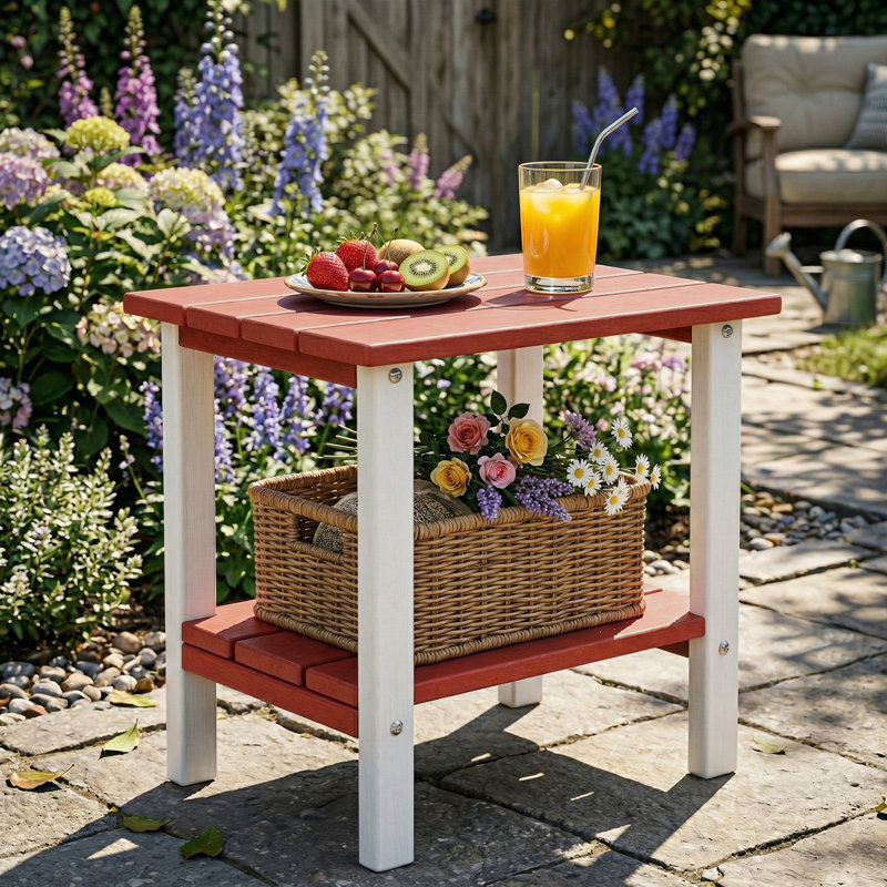 Table de bout extérieure à 2 niveaux Adirondack, table de bout de patio en PEHD toutes saisons, Blanc/rouge