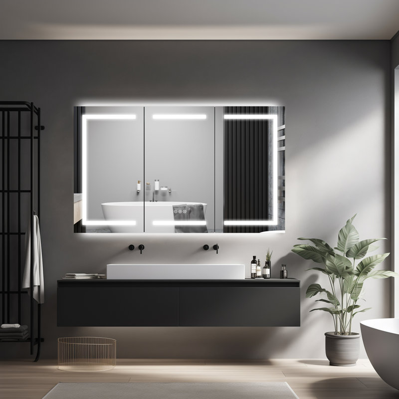Armoire à pharmacie 60 po x 36 po à DEL avec miroir, douilles et tablettes en verre réglables, à intensité variable, anti-buée