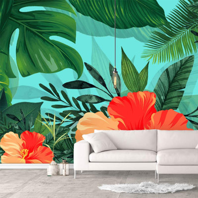 Murale orange Hibiscus dans la jungle