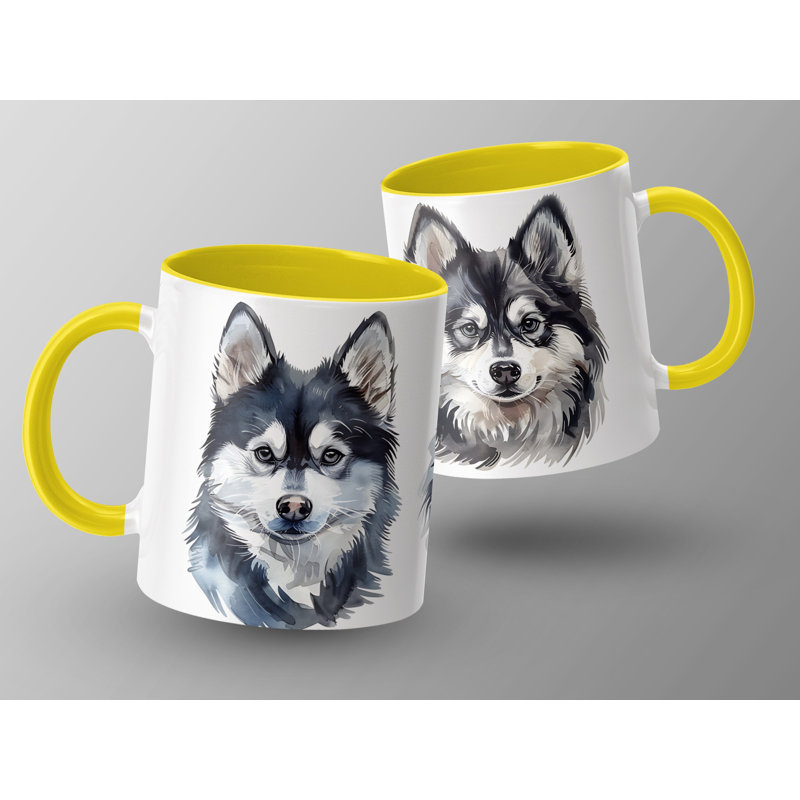 11oz Watercolour Alaskan Malamute Design Coffee Mug, Yellow, 2
