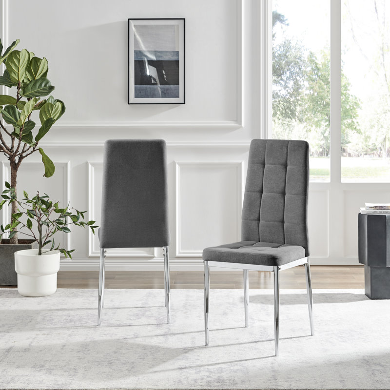 Pallo Button Tufting Luxury Fabric Dining Chairs - Modern Contemporary Design, Grey, Silver