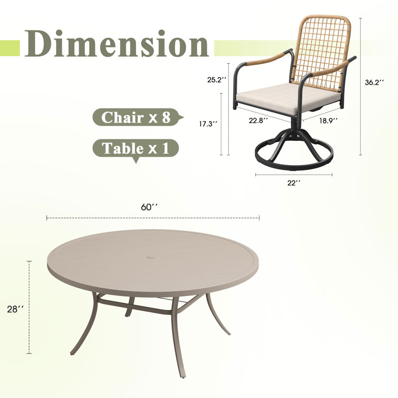 8-Person Round Patio Dining Set With Swivel Cushioned Rattan Chairs, Sandshell