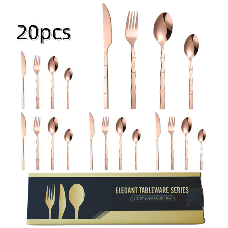 Ensemble d'ustensiles 20 pièces en acier inoxydable avec couteaux / fourchette / cuillère, service pour 5, Or rose