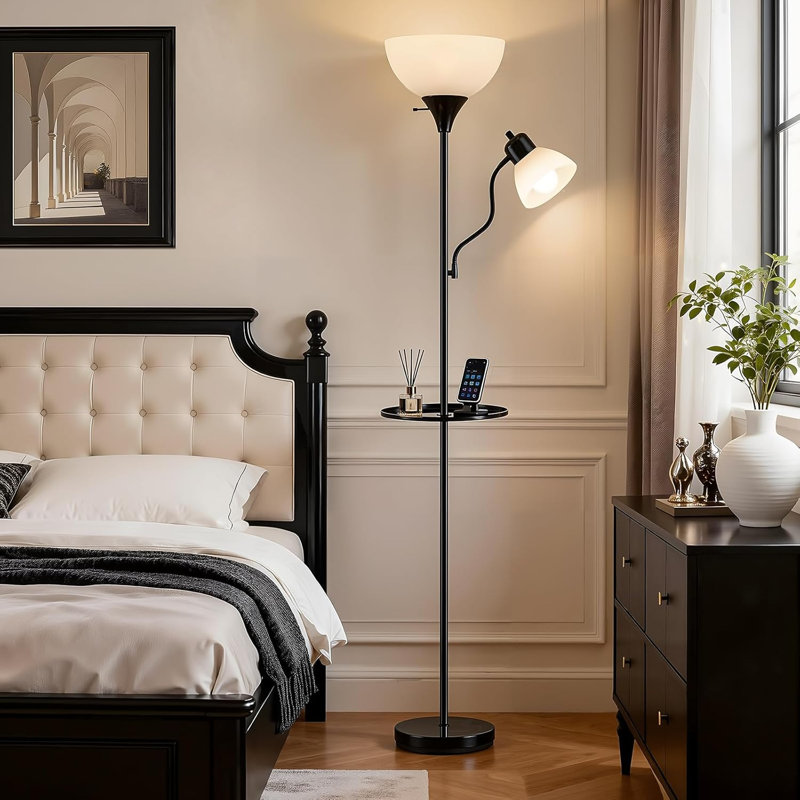 72" Torchiere Floor Lamp With Table And Adjustable Reading Lights, Black
