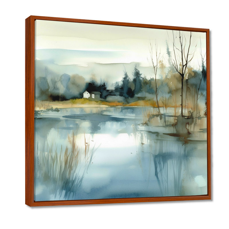 Summer Lake Landscape Illustration V - Lake, art mural, H 16 po x l 16 po x P 1 po, Cadre flottant brun