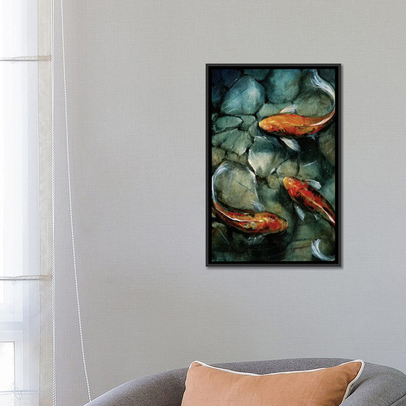 « i », reproduction d’art sur toile tendue Tres Koi, H 26 po x l 18 po x P 1,5 po, Toile avec cadre noir, Pas de tapis