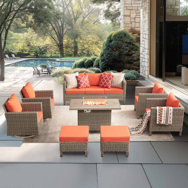 8 Piece Patio Outdoor Conversation Set With Swivel Chairs And Fire Pit Table, Orange